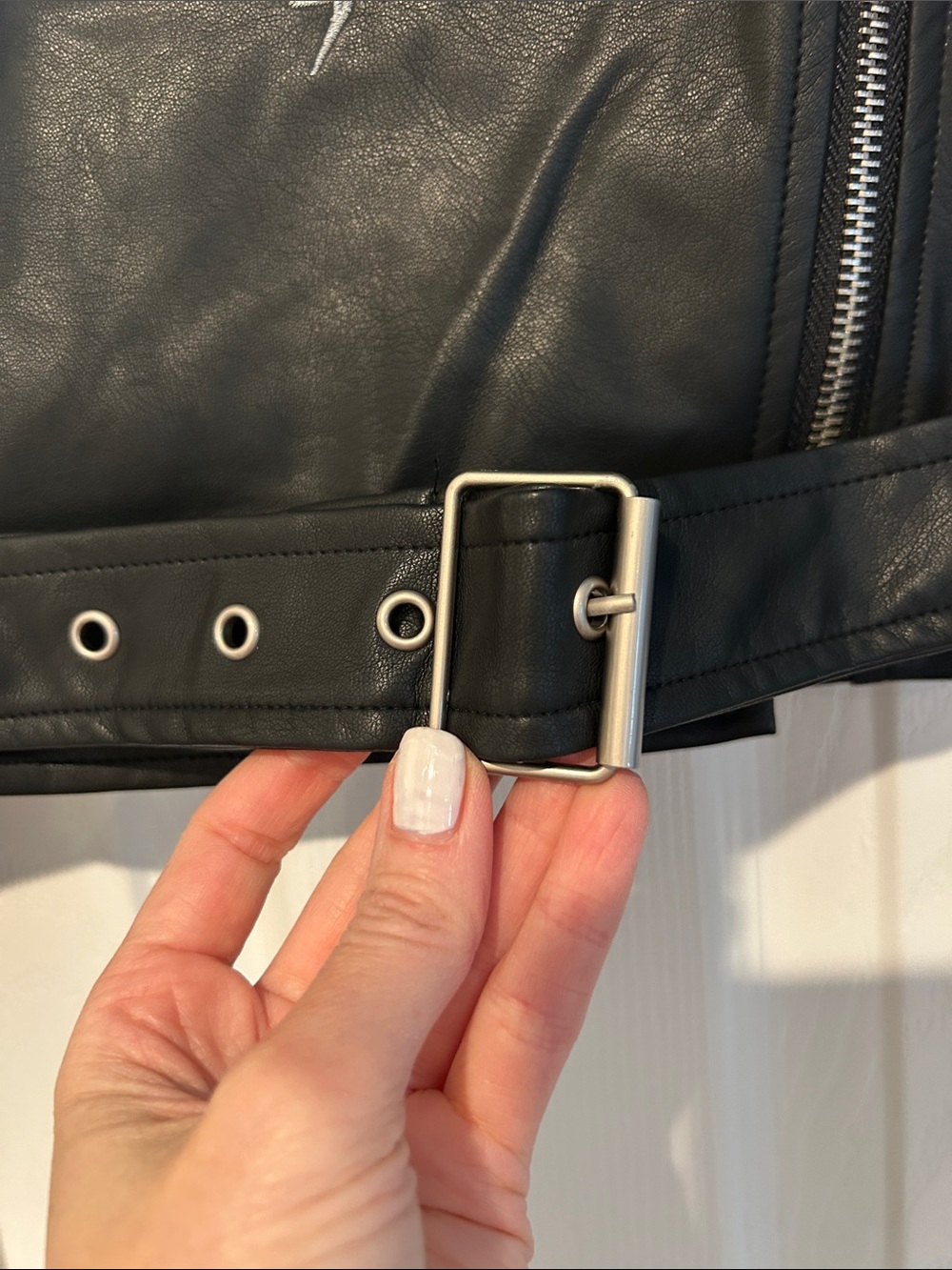 Black Faux Leather Moto Jacket with Lightning Bolt Embroidery - Picture 6 of 6